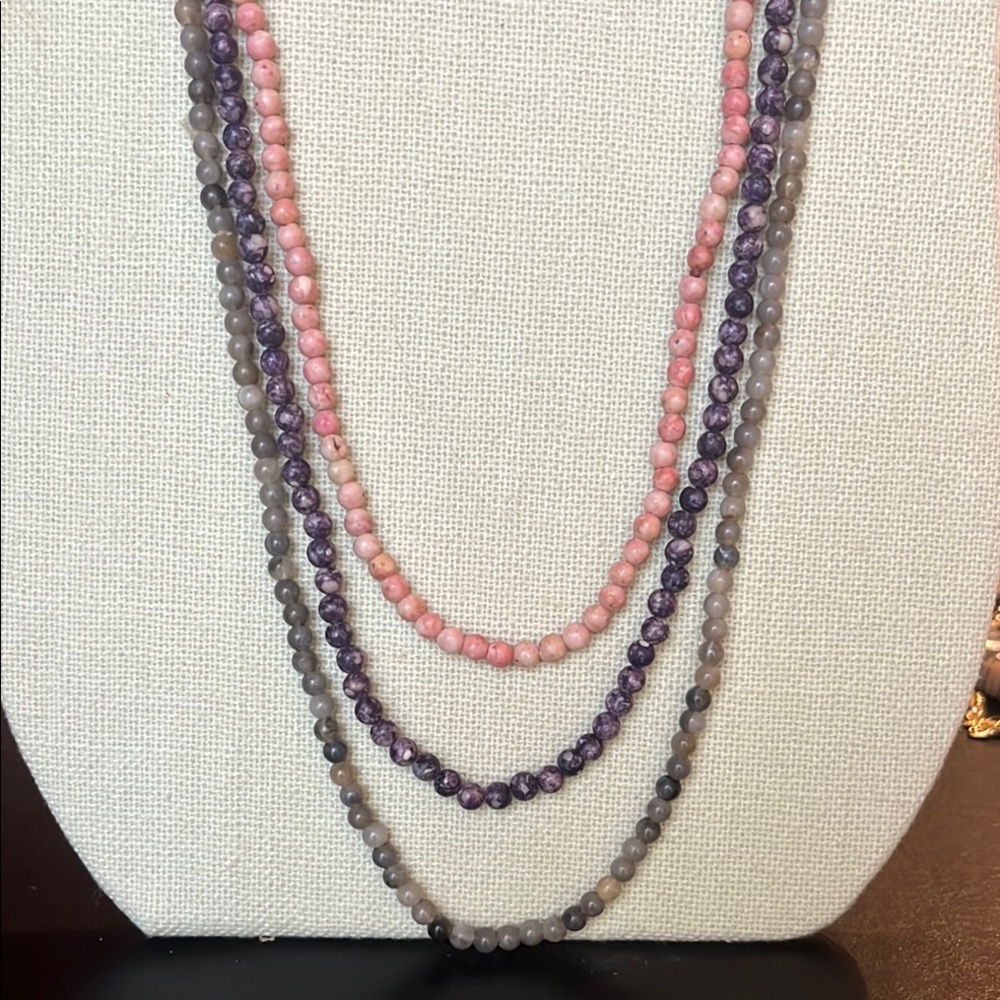 Pink purple aqua brown beads or Layered Necklace with Cascading Strands